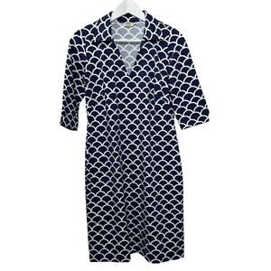 Katherine Way Nola Collared Midi Golf Dress Navy Blue White 3/4 Sleeves Small
